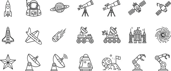 Space exploration icons with rockets, satellites, and telescopes in minimalist line art style for educational or corporate use © Vector Classic 