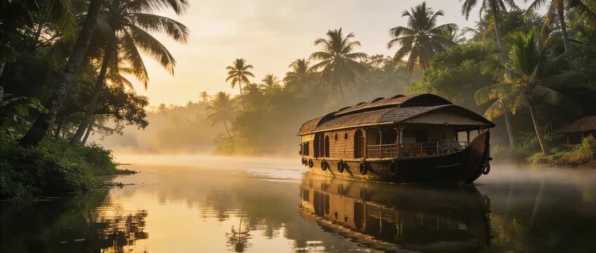 kerala backwaters tropical canals houseboats at sunset video