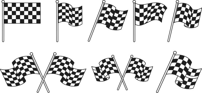 Checkered flags waving on poles in various positions, black and white minimalist design with dynamic movements