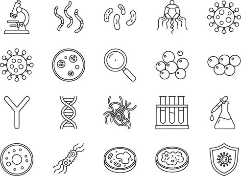 Black and white line art icons of various microbiology and virology laboratory elements, including microscopes, cells, viruses, bacteria, DNA, and test tubes, in a clean minimalist style with simple