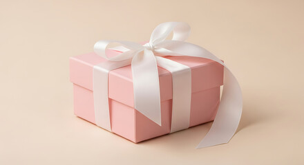 Fototapeta premium A pale pink gift box tied with a delicate white satin ribbon