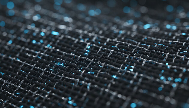 Smart fabric texture with woven conductive silver threads and glowing fibers