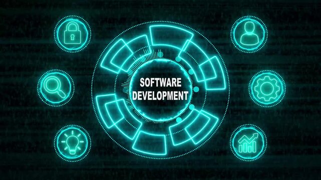 Glowing Neon line SOFTWARE DEVELOPMENT business and technology concept. Financial success concept on virtual screen. Business, Technology, Internet and networking concept. 4k rendering video...