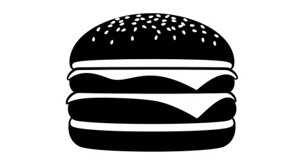Fototapeta premium Black and white illustration of a double cheeseburger with sesame seed bun layered with cheese and beef patties on a white background