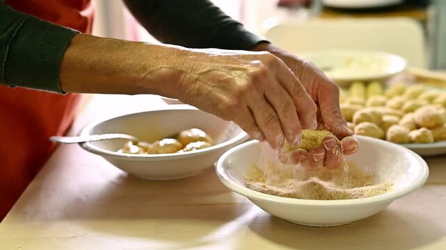 Horizontal video of a woman's hands preparing homemade Spanish croquettes with stew on the kitchen table. Coating the traditional croquettes before frying them. Typical Spanish recipe food