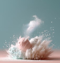 Fototapeta premium Pink Easter egg with powdered sugar falling in motion on a clean background. Ideal for creative advertising, bakery promotions, social media campaigns, and eye-catching commercial visuals