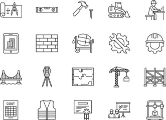 Fototapeta premium Flat design icon set of construction and architecture tools, equipment, and professionals in clean black and white line art style for project management and corporate presentations