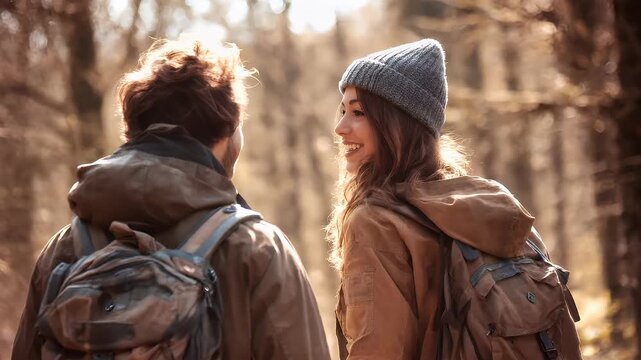 Explore adventure journey achievement outdoor in National Park. A man and woman standing side by side in a forest. The woman wears a brown jacket and a gray cap, and both have backpacks.