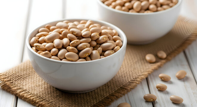 Two white bowls filled with soybeans on a burlap mat and wooden table with scattered beans