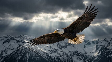 Fototapeta premium Majestic eagle soaring over snow-capped mountains under a dramatic cloudy sky with sunbeams shining through