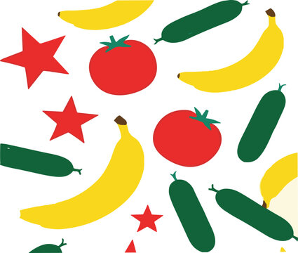 Colorful fruit and vegetable pattern with bananas tomatoes and cucumbers, playful food cartoon vector illustration