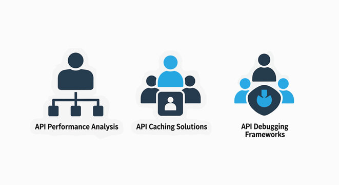 API icons: performance analysis, caching solutions, and debugging frameworks, essential for software development and optimization.