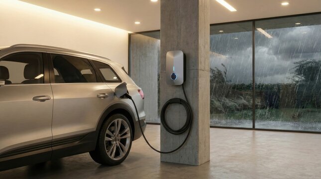 Modern home wallbox for electric car charging with a view of rain outside