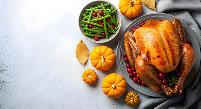 Roasted turkey with pumpkins and green beans on a gray background for thanksgiving dinner