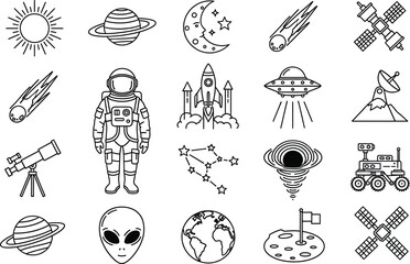 Black and white line art illustration of various space objects and symbols, including planets, spacecraft, and astronaut, in a minimalist style with clean lines and simple shapes © Vector Classic 