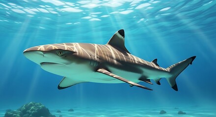 Fototapeta premium A digitally rendered shark swims in sunlit turquoise waters, with dappled light effects