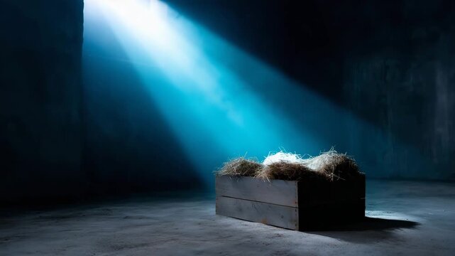 Empty manger in dark stable with beam of light, nativity scene concept, Christmas symbolism, birth of Jesus, holy night, faith and hope, spiritual background, dramatic illumination, copy space.