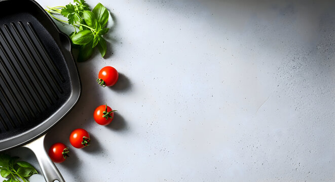 Grill pan with cherry tomatoes and fresh basil on a gray kitchen countertop healthy cooking concept top view natural light