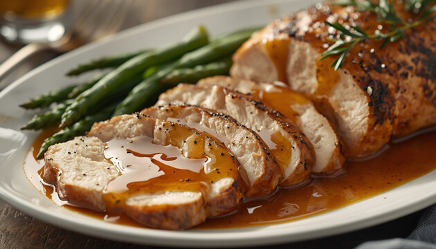 Delicious sliced pork loin with savory gravy and green beans served