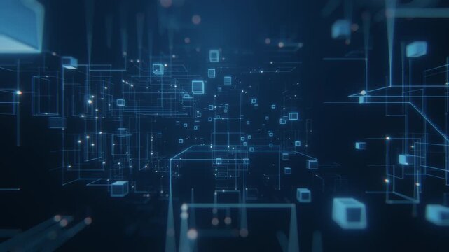 3D render abstract technology background featuring glowing blue cubes digital network lines. Futuristic data visualization concept perfect for wallpaper backdrop high-tech presentation.