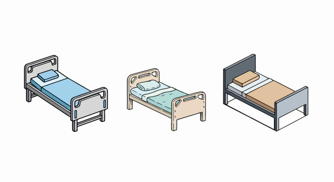 Three different hospital beds, each with a pillow and bedding, displayed in an isometric perspective