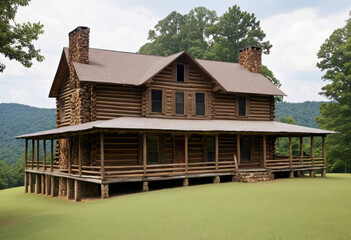 Log house in Tennessee, two stone chimneys, front porch, appalachian foothills