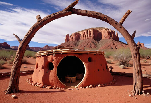 Traditional Navajo hogan in Arizona desert, circular earth-covered, log frame, red rock landscape
