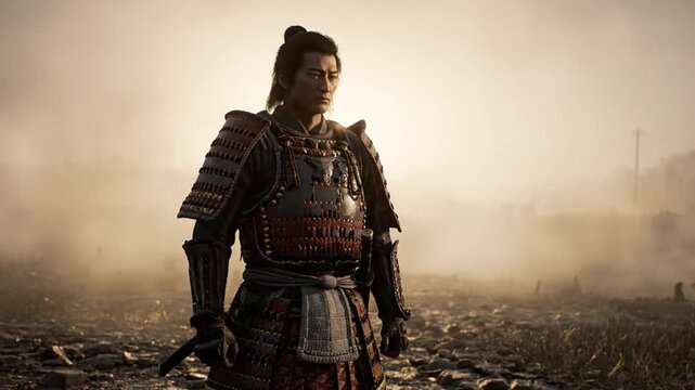 Lone Samurai Warrior Standing Amidst Battlefield Ruins