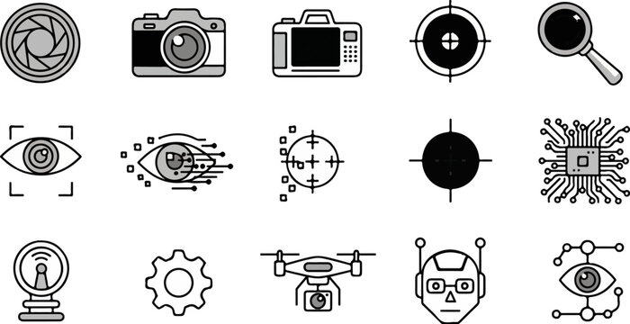 A collection of icons representing technology and vision lenses, cameras, eyes, targets, and circuits