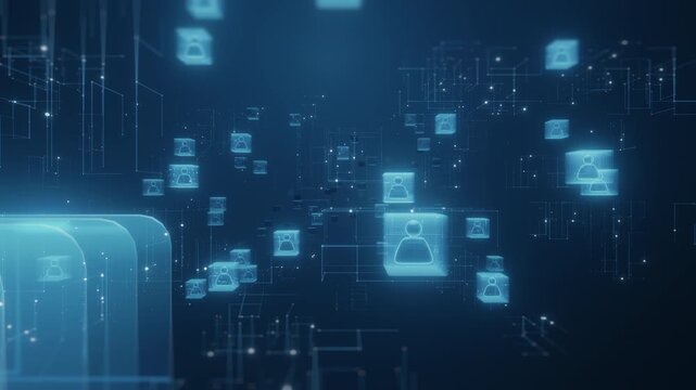 3D render technology background human resource people communication network. Glowing blue avatar icons connected digital lines. Futuristic corporate recruitment concept backdrop.