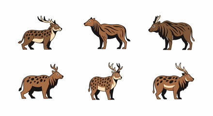 Fototapeta premium Six pixel art animals three spotted deer and three striped antelopes
