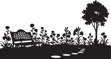 Naklejka premium Enchanting garden scene with a bench, flowers, and a stepping stone path, silhouette