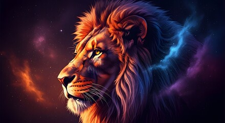Fototapeta premium Majestic lion portrait with fiery and cosmic background regal animal photography
