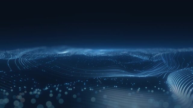 3D render abstract technology background featuring glowing blue waves particles bokeh. Digital network data connection concept. Futuristic dark backdrop for wallpaper presentation design.