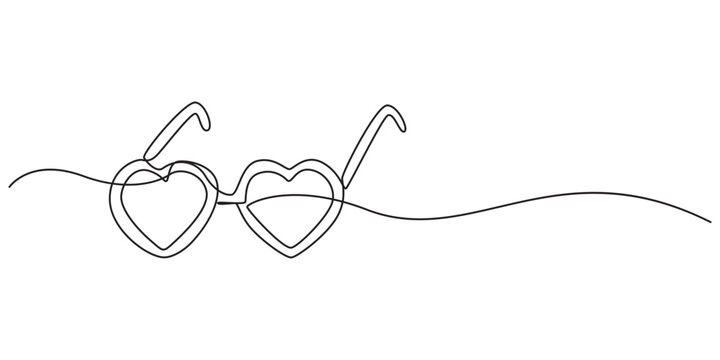 Single continuous line drawing glasses in shape hearts. Valentine's Day and love. Fashion and style, party accessories. Swirl curl style. Dynamic one line draw graphic design vector ,valentine's day