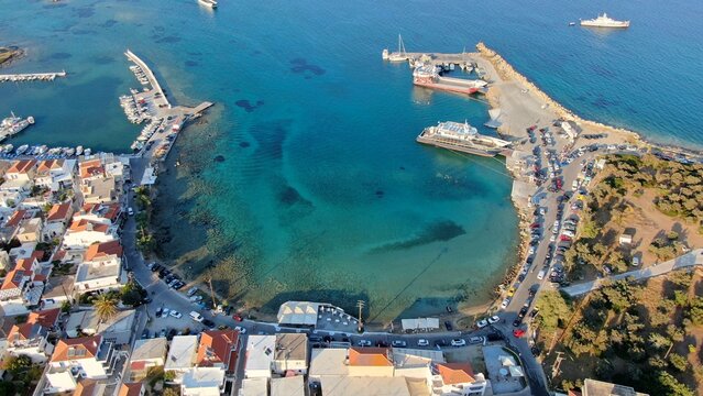 Aerial view of Elafonisos port with ferry boats and turquoise waters, Peloponnese, Greece