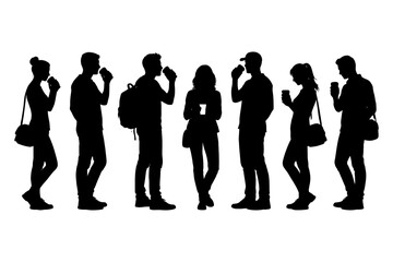 Silhouette of diverse young adults drinking beverages.
