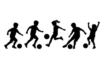 Fototapeta premium Silhouette of diverse children playing soccer together in action poses.