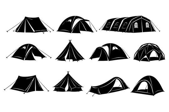Collection of various tent silhouettes for camping and outdoor adventures.