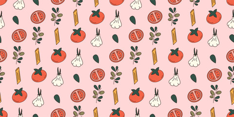 cute hand drawn horizontal seamless vector pattern illustration with pasta, garlic, olive, basil and tomatoes italian traditional food on pink background