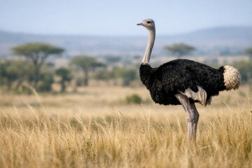 Elegant Ostrich Stands Tall in the Golden Grassland