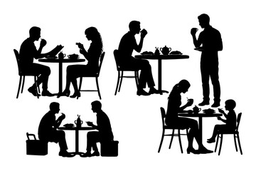 Fototapeta premium Silhouettes of diverse people dining in various social settings.
