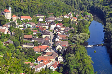 Aerial view of medieval castle Hardegg and town with river Dyje,summertime
