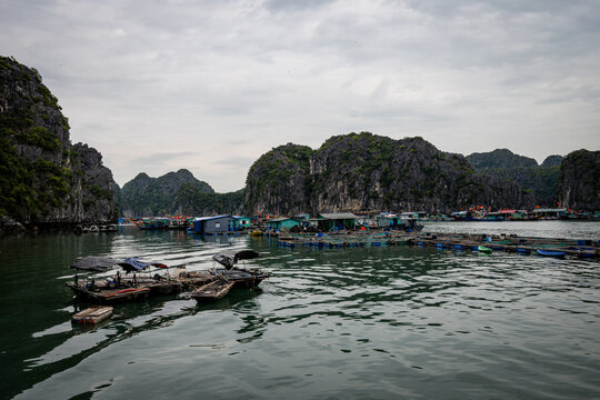 Hausboote eines schwimmenden Dorfes in der Halong-Bucht in Vietnam