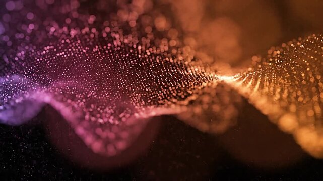 Abstract digital wave of glowing particles forming a dynamic neon surface in magenta, purple and orange hues against a dark background, evoking technology, data flow and energy