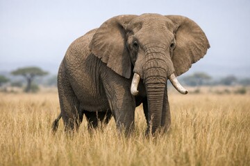 Naklejka premium Majestic Adult Elephant Stands Amidst Tall Golden Grass in a Serene Landscape, Embodying Strength and Grace