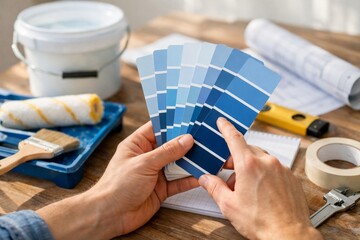 Person Selecting Paint Colors with Color Swatches for a Home Renovation Project