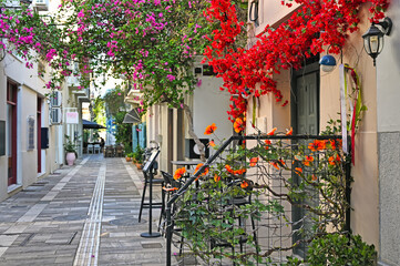 Narrow streets of Nafplion town with Bougainvillea flowers, summer season