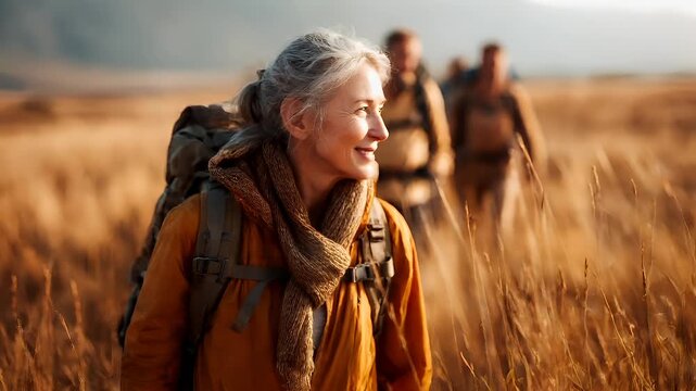 Explore adventure journey achievement outdoor in National Park. A woman in a yellow jacket and scarf walking through tall grass, with a backpack on her back and a smile on her face.
