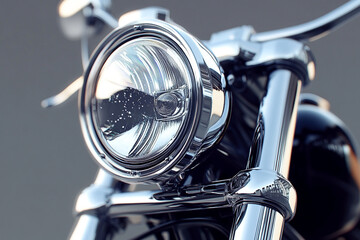 Close-up of shiny motorcycle headlight on modern bike